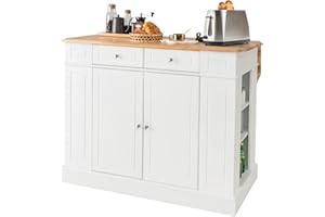LOKO Kitchen Island with Drop Leaf, Kitchen Storage Cabinet with Rubber Wood Top, 2 Drawers, 5 Adjustable Shelves & Spice Racks, Island Table for Kitchen Home Coffee Bar, 47 x 36 x 36 Inches (White)