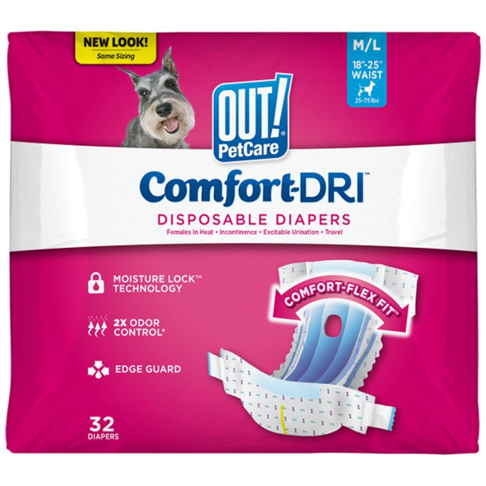 Photo 1 of OUT! PetCare Disposable Dog Diapers Female, Potty Training, Dog Diapers, Female Doggie in Heat, Puppy Training, Incontinence, Puppy Essentials 18”-25” Waist (M/L, 32ct)