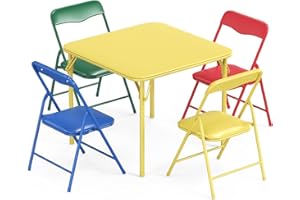 JOYMOR 5-Piece Kids Folding Table and Chairs Set, Metal Frame Children's Activity Set with Easy-Fold Design, Kids Table and Chairs for Playroom & Classroom (Multicolor)