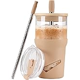 Glass Tumbler with Lids and Straws, 20 oz Iced Coffee Cup and Smoothie Cup with Bamboo Lid and On the go Lid,Glass Cups With Straws