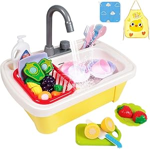 GobiDex 29PCS Color Changing Play Kitchen Sink Toys for Toddlers with Cutting Play Foods,Kids Kitchen Dishwasher Toys with Running Water Auto-Cycle Pretend Role Play Kitchen Sink Toys for Boys Girls