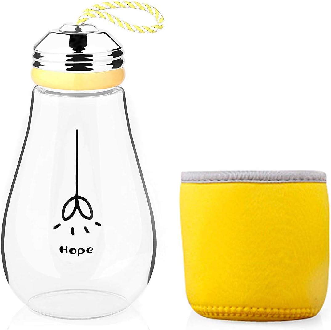 Keemanman Creative Bulb Cup,BPA Free Glass Travel Tea Mug,Cute Water Bottle with Neoprene Sleeve 14 Ounce