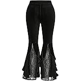 Verdusa Women's Plus Size Ruffle Trim Lace Velvet Pants Elastic Waist Wide Leg Palazzo Pants