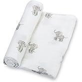 LollyBanks Muslin Swaddle Blankets, Large 47 x 47 Inches Baby Blanket for Boys and Girls, 100% Cotton Baby Swaddle Blanket, Newborn Receiving Blanket for Swaddling, Registry (Baby Elephant Print)