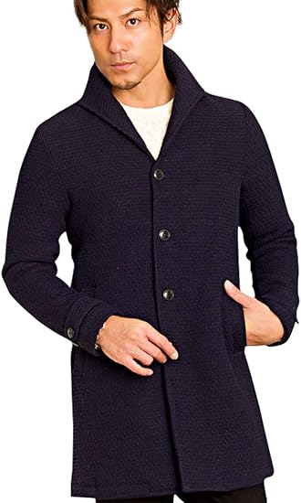 Amazon ビッチ Vicci メンズ チェスターコート イタリアンカラー ロング ワッフル 紳士 無地 上着 羽織 立襟 44 M 3 Navy ネイビー コート ジャケット 通販