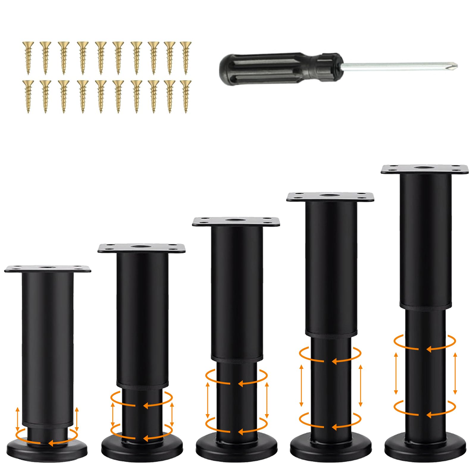 5pcs 18-30cm Adjustable Height Black Sofa Legs, Bed Replacement Support Feet with Screwdriver, Furniture Legs for Table, Chair, Dresser, Desk, Cupboard, Couch, Retractable Cabinet Foot with 20 Screws