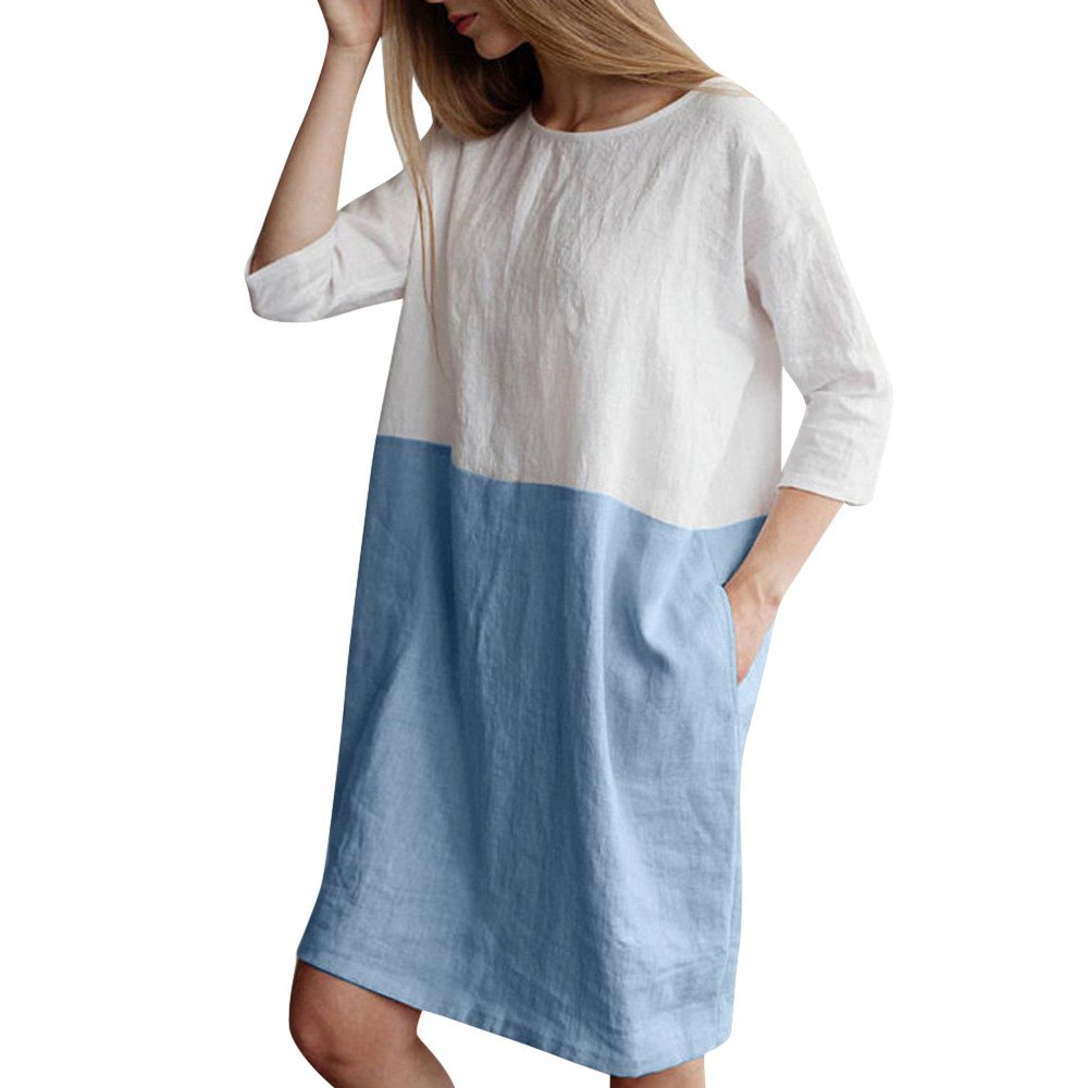 POTO Women Dresses, Loose Color Stitching Casual Dresses with Pockets Cotton Linen Tunic Dress Party Dress Beach Dress