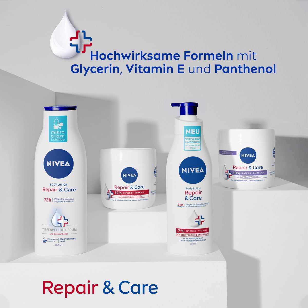 NIVEA Repair & Care Creme parfümfrei (400ml), Feuchtigkeits-Körpercreme, schnell einziehende Lotion mit Glycerin, Provitamin B5 & Ceramiden für trockene, sensible Haut 7