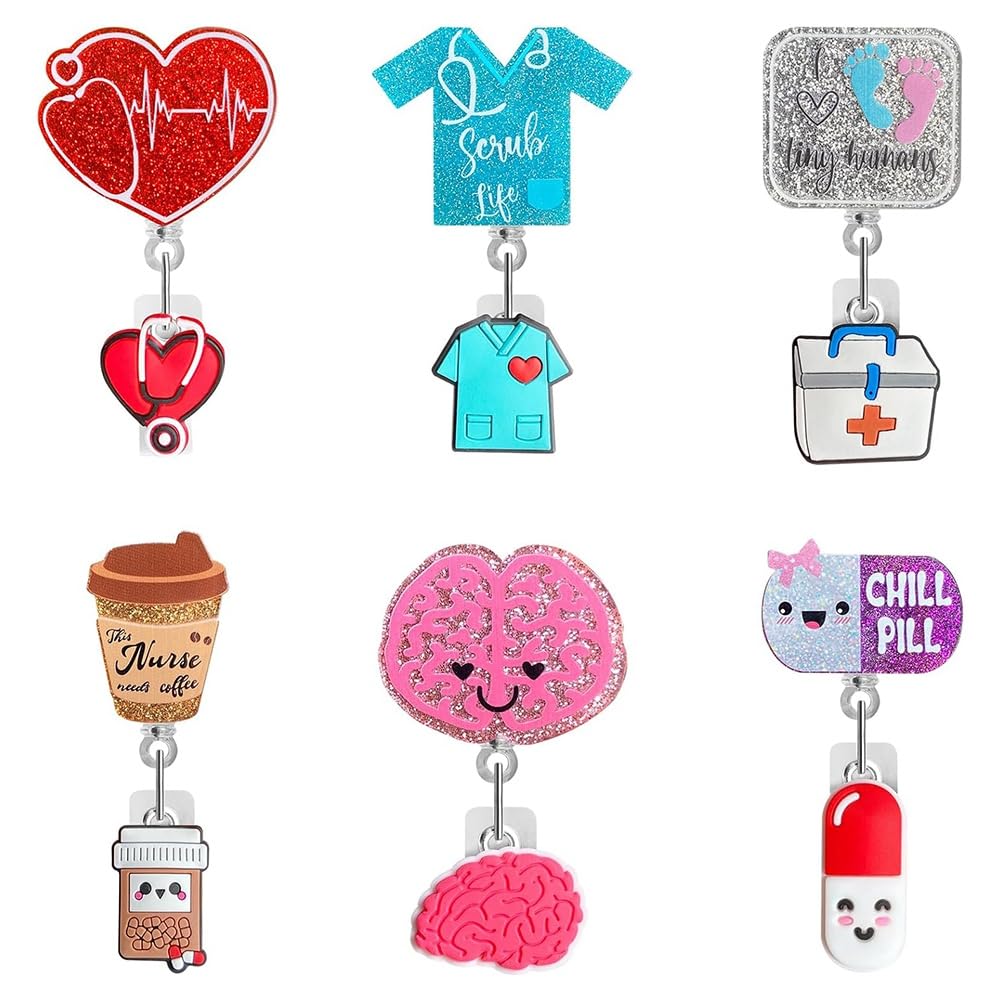Vkyipg Cute Nurse Badge Reel, 6pcs Funny Nursing ID Card Glitter Badge Holder Retractable Clip Nurse Name Tag Holder