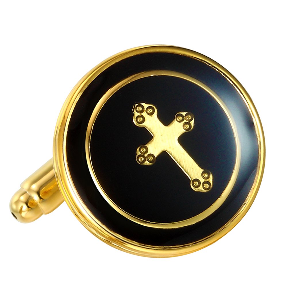 Golden & Black Cross 316L Stainless Steel Round Cufflinks for Men