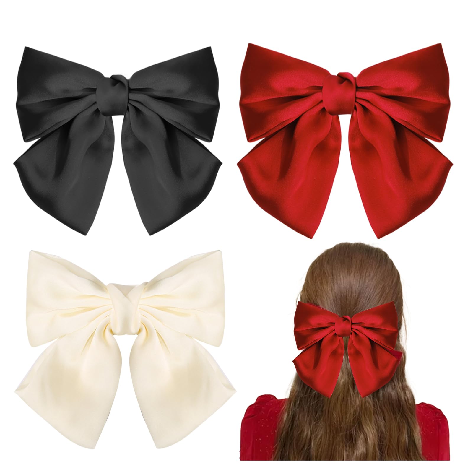 YONEEKSS 3PCS Bow Hair Clip，Hair Bows Barrettes for Women Girls, Solid Color Big Bowknot Hairpin French Hair Clips with Ribbon, Soft Satin Silky Hair Bows (White Black and Red)