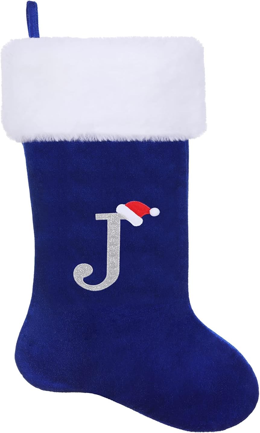 Stockings & Holders - SIRIPHUM 20.5Inches Monogram Embroidered Letter Christmas Stocking Personalized Super Soft Christmas Stocking Hanging Decorations（J）