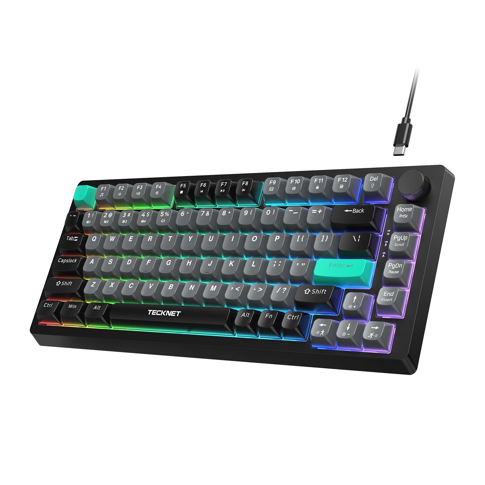 TECKNET Gaming Keyboard, 75% Wired Keyboard, RGB Backlit, 82-Keys with Volume Knob Control, 26 Keys Anti-ghosting, Whisper Quiet Gaming Switch Travel Friendly for Windows Laptop PC Mac-Grey