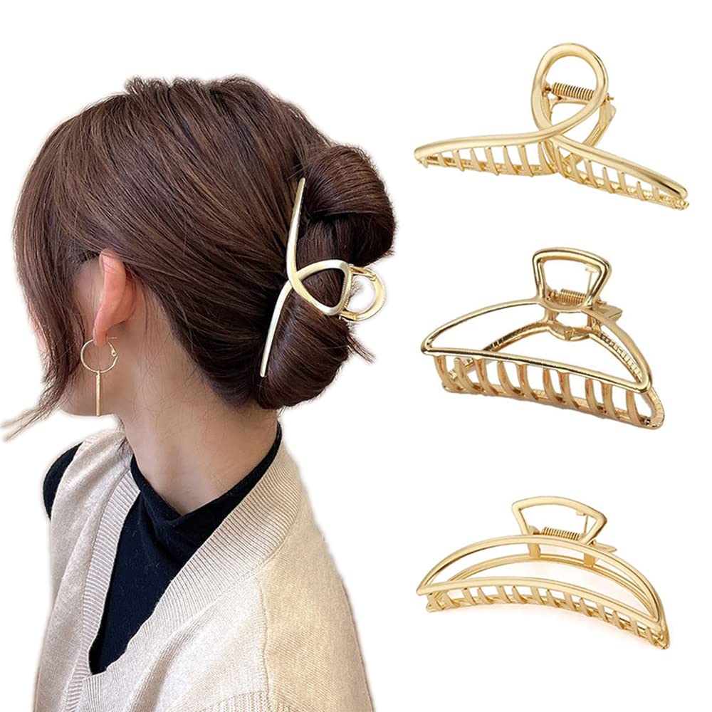 3 Pcs Hair Clips Large Metal Hair Claw Clips Golden Hollow Non-slip Hair Claw Parsimonious Hair Barrettes for Women and Girls Thin Thick Hair