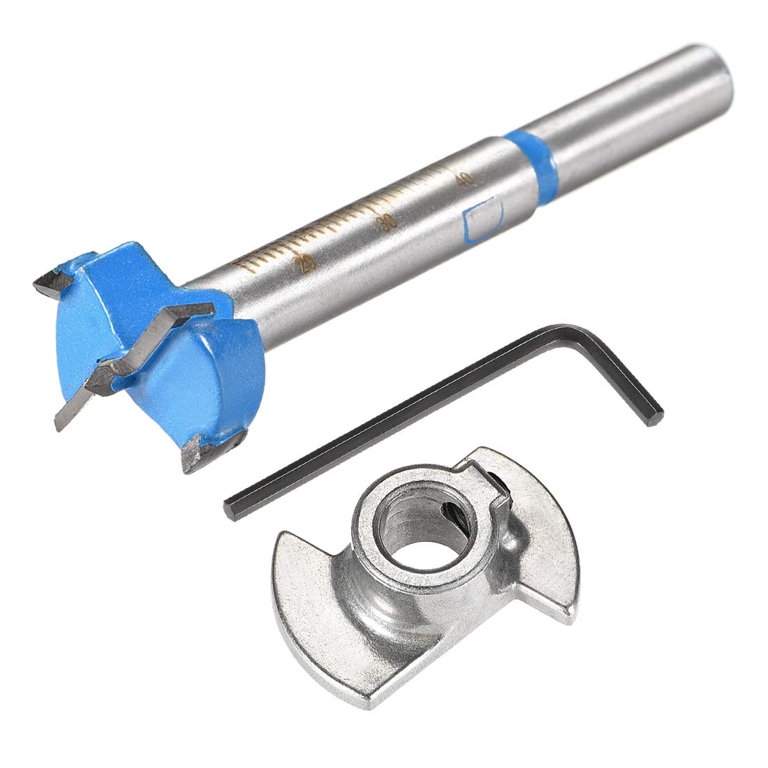 sourcing map Forstner Wood Boring Drill Bit 20mm Dia. Hole Saw Carbide Alloy Steel Tip Round Shank Cutting for Hinge Plywood Wood Tool Blue 1Set