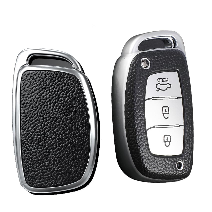 KUNIO Keyless Key Fob Case for Hyundai Kona i10 i30 i20 ioniq Hybrid Tucson Santa Fe ix35 Mistra - TPU Leather Texture, 3 Buttons, Silver
