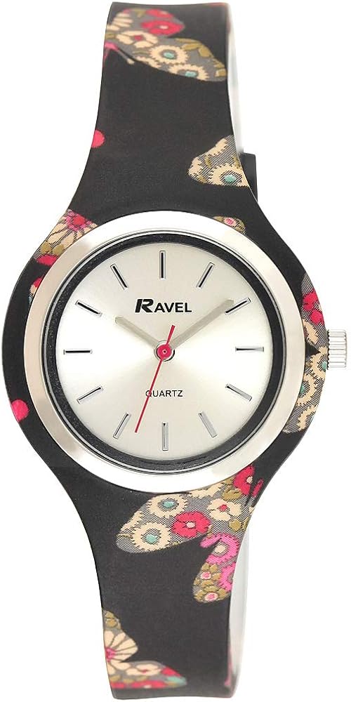 Ravel Women's Floral Quartz Watch with Patterned Silicone Strap Black