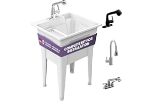 Freestanding Utility Sink with One Handle Chrome Faucet - 24" Plastic Utility Sink for Garage, Laundry, Indoor and Oudoor Use - Laundry Tub Kit by Noah William Home - White (19.5 gal)
