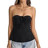 EasyGala Womens Cotton Tube Tops Tie Front Ruched Strapless Tank Cute Babydoll Bandeau Top Sexy Crop Going Out Outfit