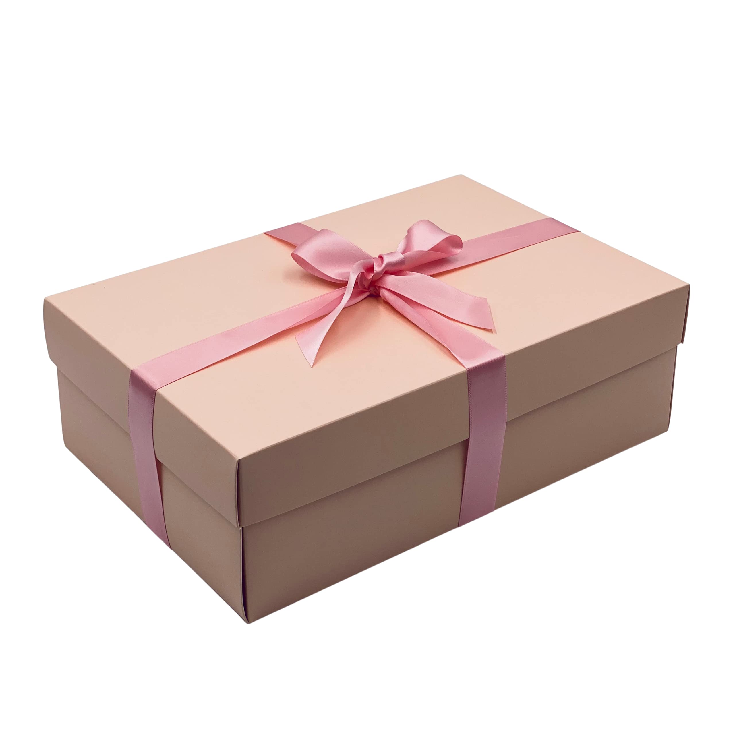 Pink Gift Box with Lid | Pick Your Ribbon Colour | Large Memory or Hamper Boxes | Flat-Packed Gift Boxes for Presents, Birthday or Baby Gifts | Size 30x20x10cm (Rose Ribbon 32)