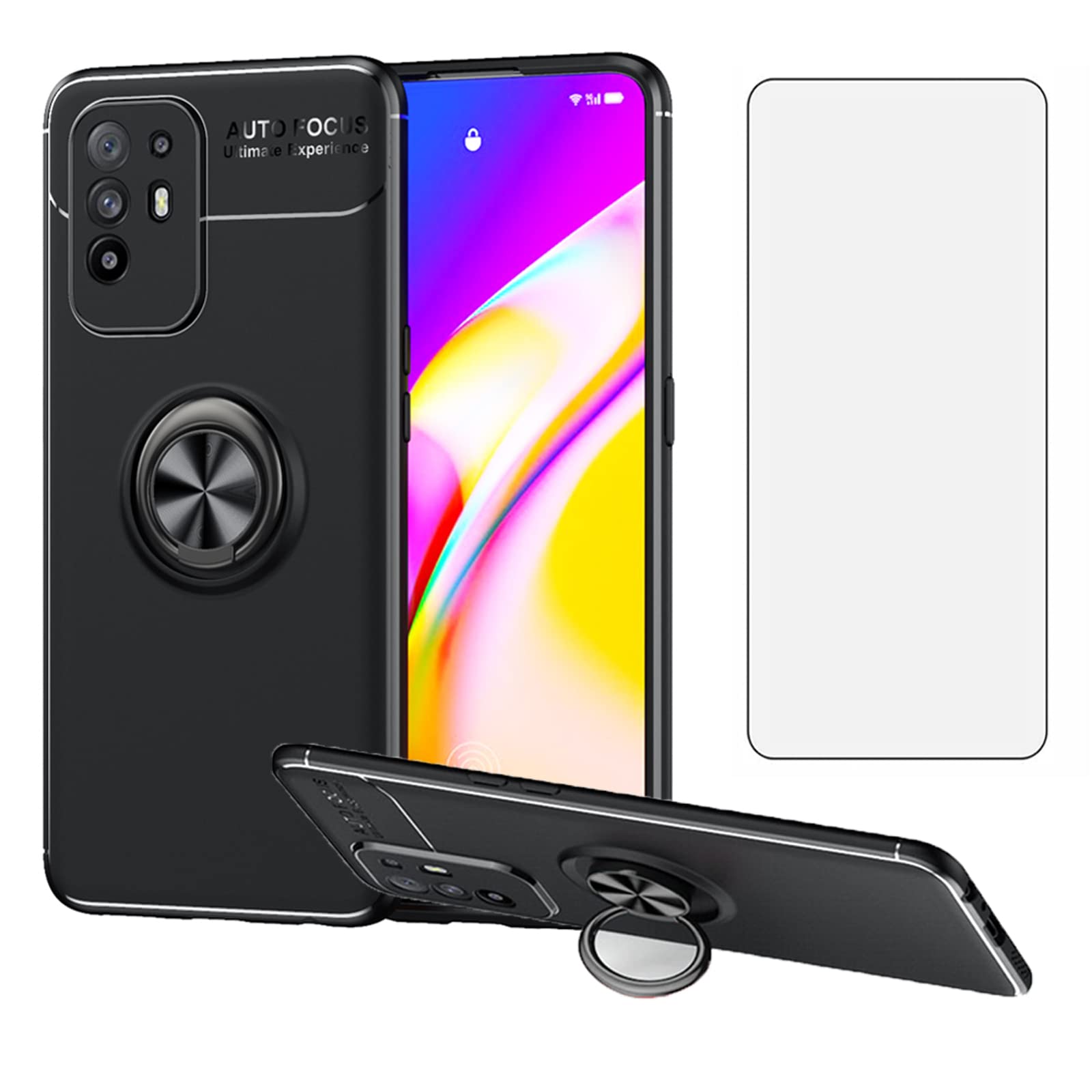 Compatible with OPPO A94 5G/A95 5G/Reno 5Z/F19 Pro+ Plus Phone Case and Tempered Glass Screen Protector With Ring Stand Kickstand Silicone Metal Glaxay S105G Galaxies S 10 G5Reno5 Z Women Men Black