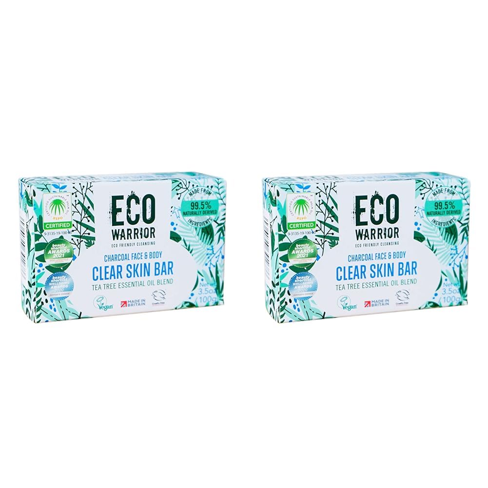Eco Warrior Charcoal Clear Skin Soap Bar - Vegan, Cruelty Free, No SLS or Parabens, Whole Body Soap, Moisturising Charcoal, Grapeseed and Anti Bacterial Tea Tree Essential Oil, Eco Friendly Soap 100g