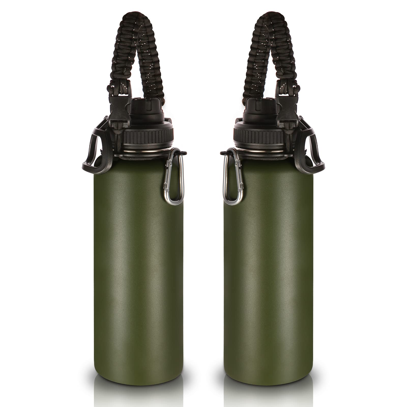 Volhoply Insulated Water Bottles Bulk 8 Pack, 1200ml Stainless Steel Sports Bottle with Paracord Handle & Spout Lid, Vacuum Metal Travel Cups with Wide Mouth,Reusable Large Cup(Army Green,2 Set)