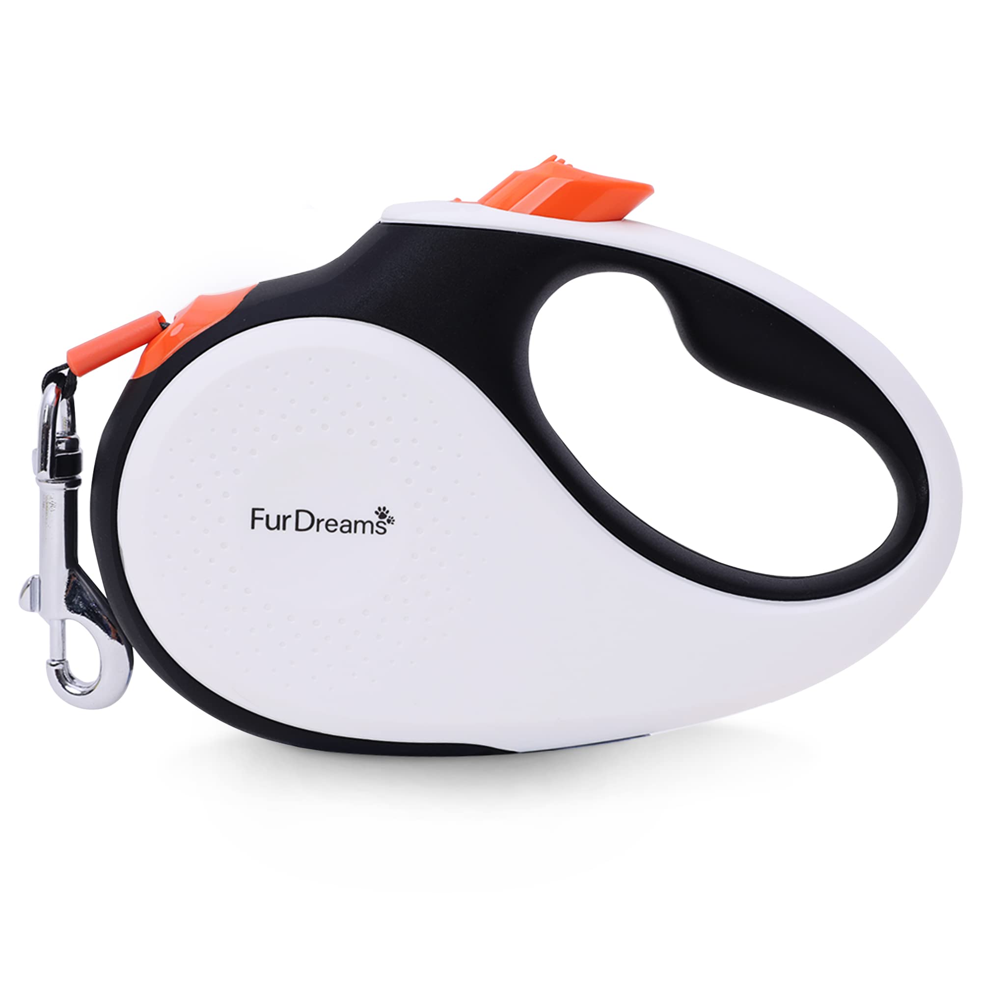 FurDreams Nylon Dog Lead - 5m (15kg/33lbs), Retractable Dog with Lock Button, Heavy Duty Extendable Lead, Anti-Tangle Leash with Comfortable Handle (White/Orange, Small)