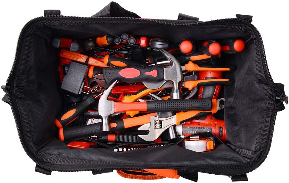 17-Inch Water Proof Multi-Compartment Pocket Tradesman's Wide Mouth Storage Tool Bag with Adjustable Shoulder Strap Bag - - 