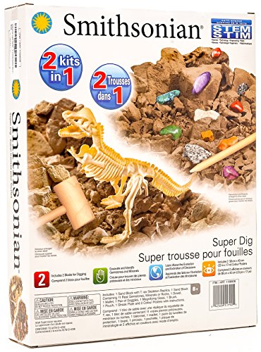 Smithsonian Super Dig - 2 Kits in 1. Includes Replica T-Rex Skeleton and 11 different Minerals and Gemstones.