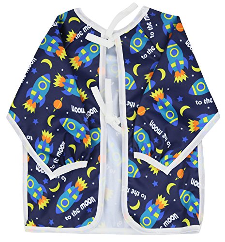 Pikababy Long Sleeved Bib Waterproof Bibs with pocket - 6 to 24 months baby girl and boy colors (Rockets)