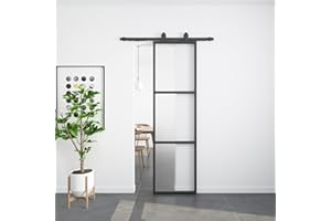 BARNSMITH 24in x 84in Frosted Glass Barn Door with 4.3FT Top Mounted Hardware kit Include Soft Close Mechanism Black Carbon Steel Tempered Frosted Glass Sliding Door, Easy Assembly