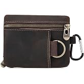 Men Genuine Top Grain Cow Leather Coin Purse with Key Ring &amp; Clip. Retro Slim Minimalist Wallet Card Case (Coffee)