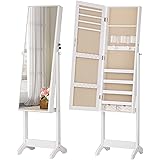 LUXFURNI Jewelry Cabinet Standing Full Screen Mirror Makeup Lockable Armoire, Large Cosmetic Storage Organizer w/ Brush Holde