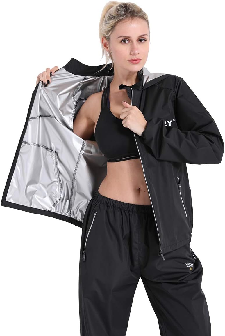 DNRZY F.I.T Sweat Sauna Suit Weight Loss for Men and Women, Long Sleeve Waterproof Black Workout Clothes Hooded Jacket Pants for Men and Women : Sports & Outdoors
