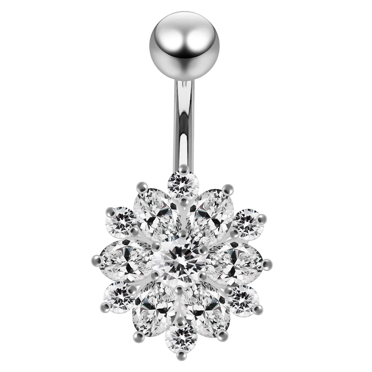 AZARIO London Clear CZ Stone Mini Double Layer Flower Design 925 Sterling Silver Belly Bar Piercing