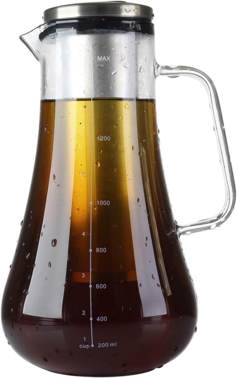 48oz Glass Iced Coffee Maker,6cups Cold Coffee Brewer,Airtight Glass Pitcher with Removable Filter for Iced Coffee/Tea,Handmade Manual Ice Tea Maker