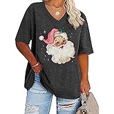 FCHICH Plus Size V Neck Merry Christmas T Shirt Women Cute Xmas Trees Graphic Tee Casual Loose Fit Holiday Tops Blouse