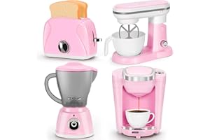 TOOYBING Pink Play Kitchen Appliances Toy Set with Coffee Maker Machine, Mixer, Toaster, Blender, Kids Kitchen Playset, Play Kitchen Accessories with Sound & Light, Birthday Gifts for Kid Girls Ages 3-5 4-8