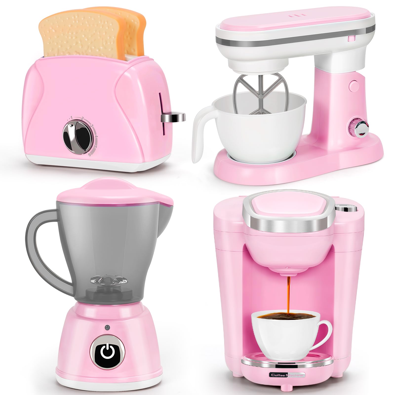 Photo 1 of Pink Play Kitchen Appliances Toy Set with Coffee Maker Machine, Mixer, Toaster, Blender, Kids Kitchen Playset, Play Kitchen Accessories with Sound & Light, Birthday Gifts for Kid Girls Ages 3-5 4-8