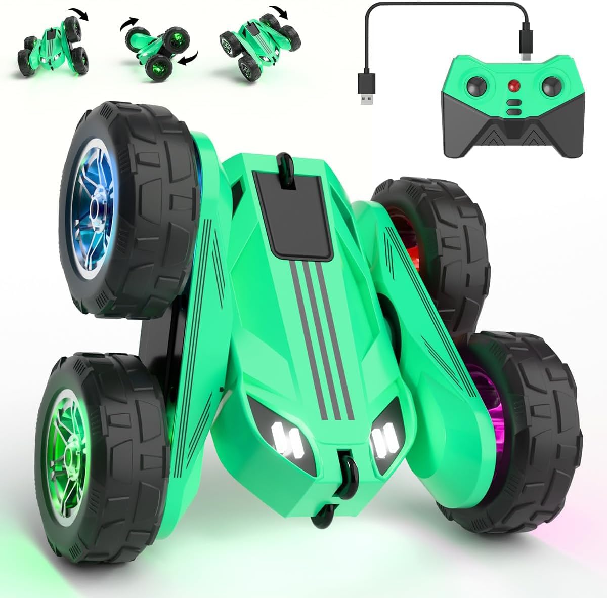 MaxTronic Remote Control Cars, Exclusive Dual Direct Charging with Adjustable LED. 360° Stunt Flip 15km/h 4WD All-Terrain RC Toy car, Holiday Tough Durable, Fun for Boys Girls Ages 3-12