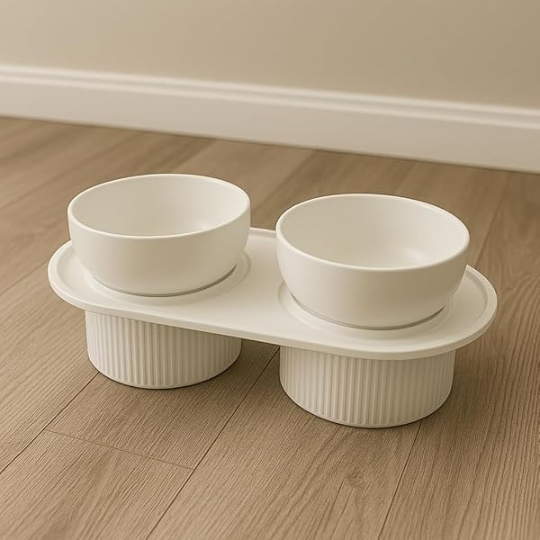 ELEVATED PET BOWLS SET, MODERN STYLE CERAMIC FOOD AND WATER DISHES WITH RAISED STAND (WHITE)