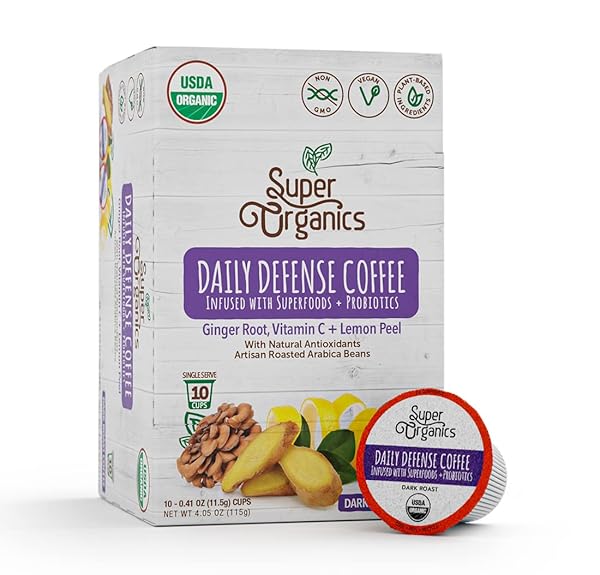 SUPER ORGANICS DAILY DEFENSE COFFEE (ORGANIC) WITH SUPERFOODS AND PROBIOTICS (KEURIG K-CUP COMPATIBLE) 10CT SINGLE SERVE CUPS