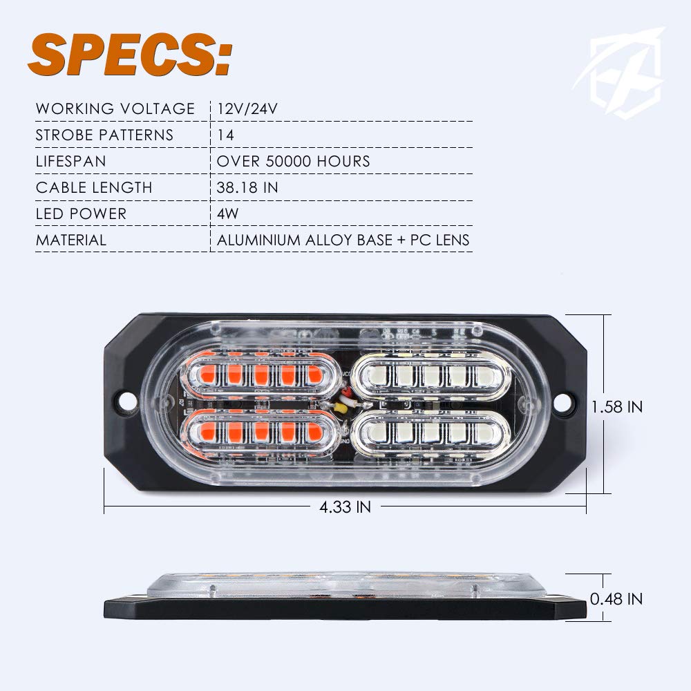 Xprite Red Blue 20 LED Surface Flush Mount Grille Emergency Strobe Lights Kit Deck Dash Grill Side Marker Warning Hazard Flashing Police Light for Firefighter Vehicles Cars SUV ATV Truck Pickup 4PCS