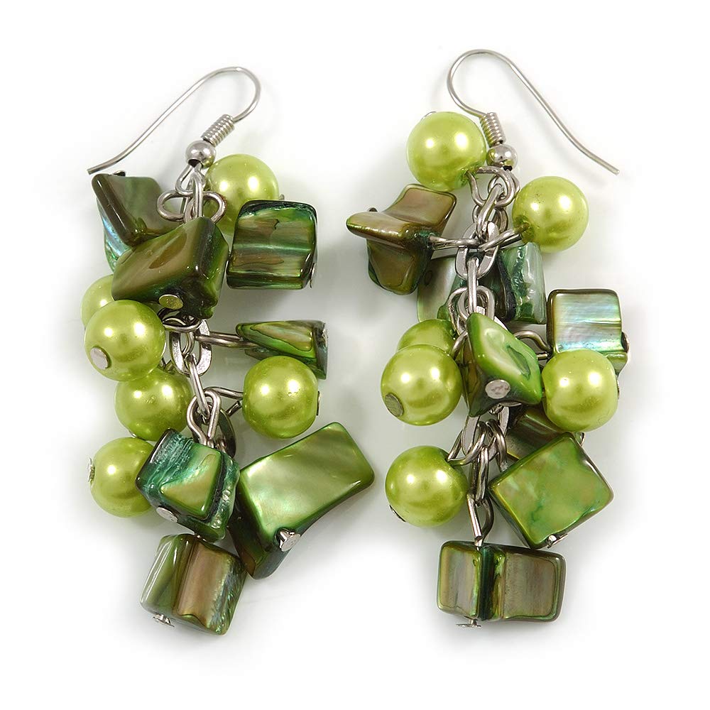Salad Green Glass Bead, Forest Green Shell Nugget Cluster Dangle Earrings/Silver Tone/ 60mm Drop