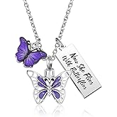 YSAHan Purple Butterfly Cremation Urn Necklace for Ashes Keepsake Memorial Jewelry Engraved Now She Flies with Butterflies