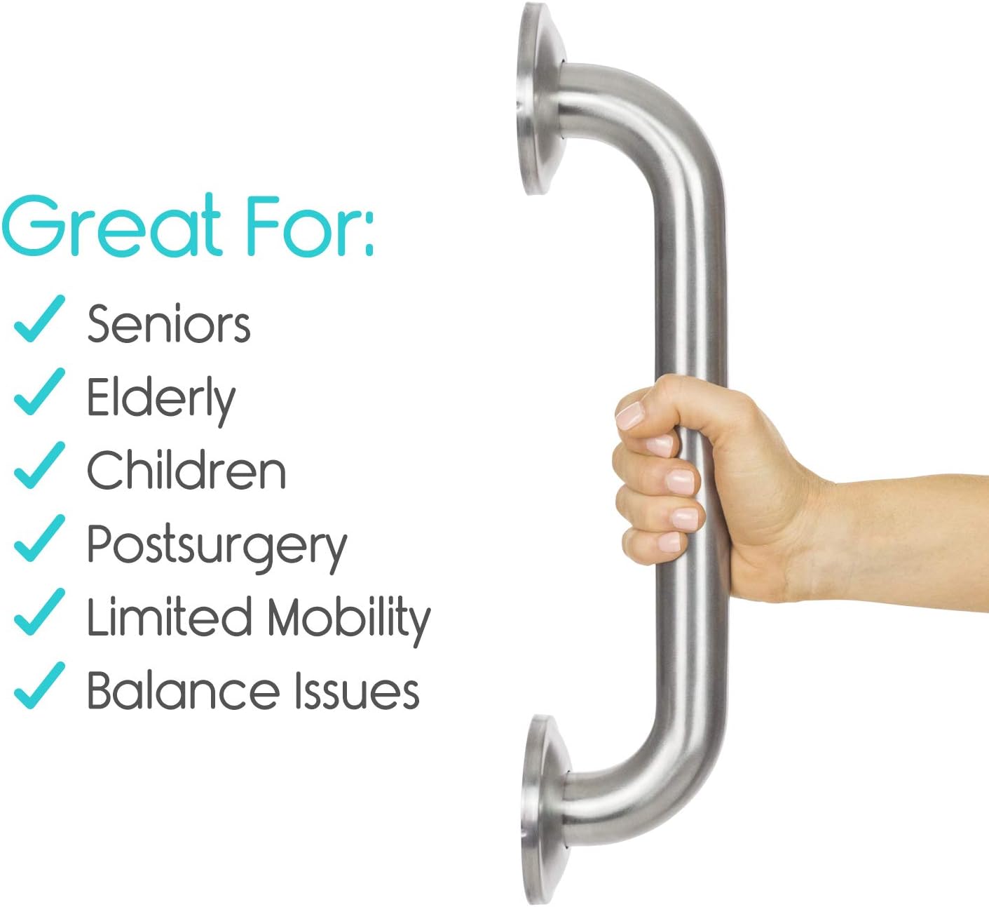 Vive Metal Grab Bar - Balance Handrail Shower Assist - Bathroom, Bathtub Mounted Safety Hand Support Rail - Stainless Steel Wall Mount for Handicap, Bath Handle, Elderly, Disabled, Injury (12 Inch): Health & Personal Care