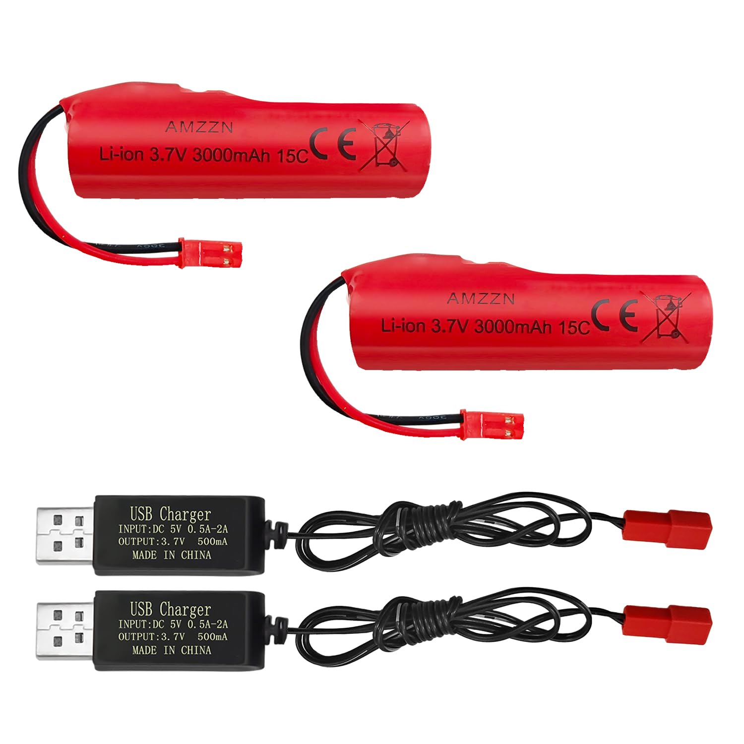 AMZZN 2PCS 3.7V 3000mAh Li-ion Battery with JST-2P Plug and USB Charging Cable for HJ819 DE819 RC Boat,Huina 1337 1338 1516 1517 1552 1554 1558 RC Car,Drifting Car,Truck,Toy Off-Road Racing Car