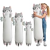 Long Cat Plush Pillow, Cute Cat Stuffed Animal Body Pillow with Wings, Soft Kawaii Kitty Hugging Pillow, Christmas Valentine's Birthday Gift for Kids Girls Boys (Gray, 60cm/23.62in)