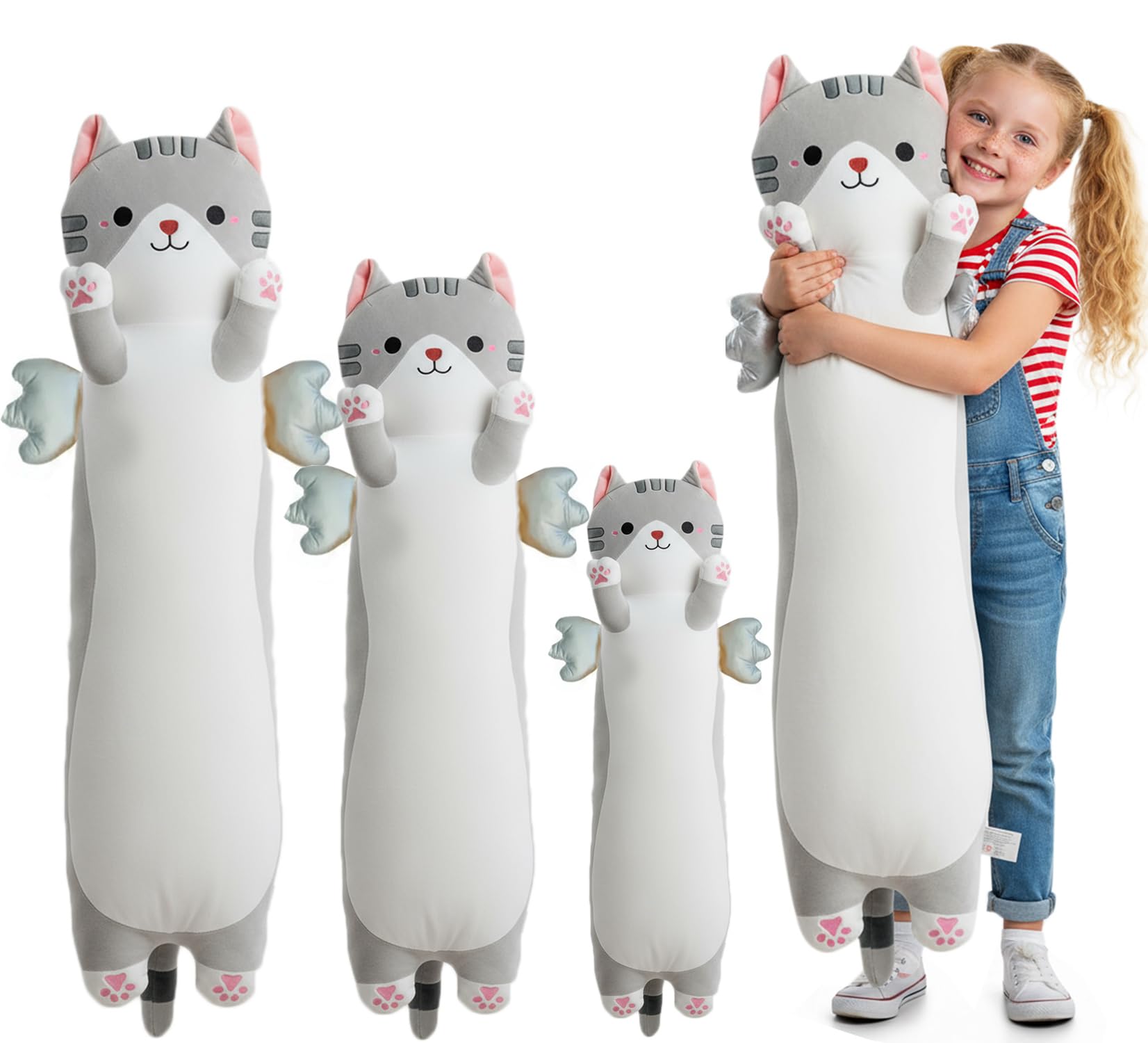 Kekeso Long Cat Plush Pillow, Cute Cat Stuffed Animal Body Pillow with Wings, Soft Kawaii Kitty Hugging Pillow, Christmas Valentine's Birthday Gift for Kids Girls Boys (Gray, 90cm/35.43in)